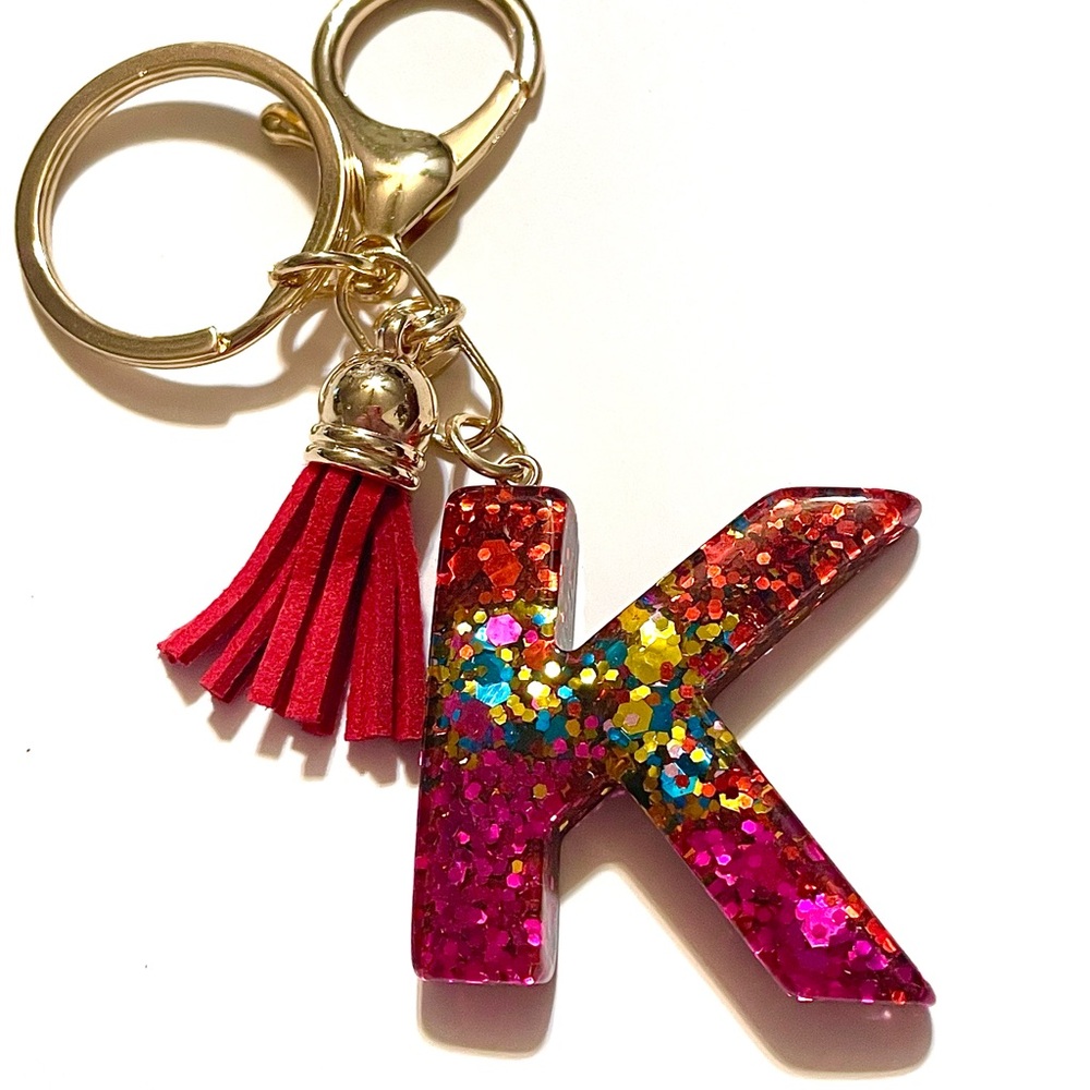 Multicolored Glitter Resin Letter K Keychain